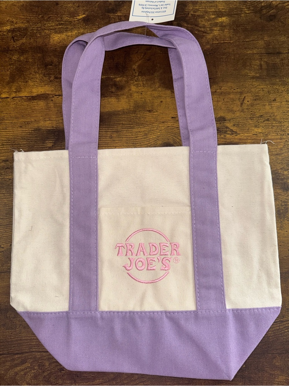 NEW TRADER JOES MINI CANVAS TOTE BAGS IN LAVENDAR & CREAM